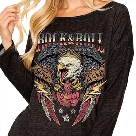 Charcoal Black Rock n Roll Eagle Long Sleeve Graphic Tee - Picture 3 of 6